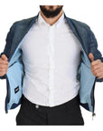 Dolce & Gabbana Blue Leather Perforated Full Zip Jacket