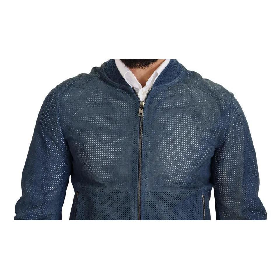 Dolce & Gabbana Blue Leather Perforated Full Zip Jacket