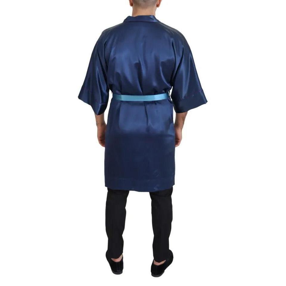 Dolce & Gabbana Blue Satin Silk Waist Belt Robe Jacket