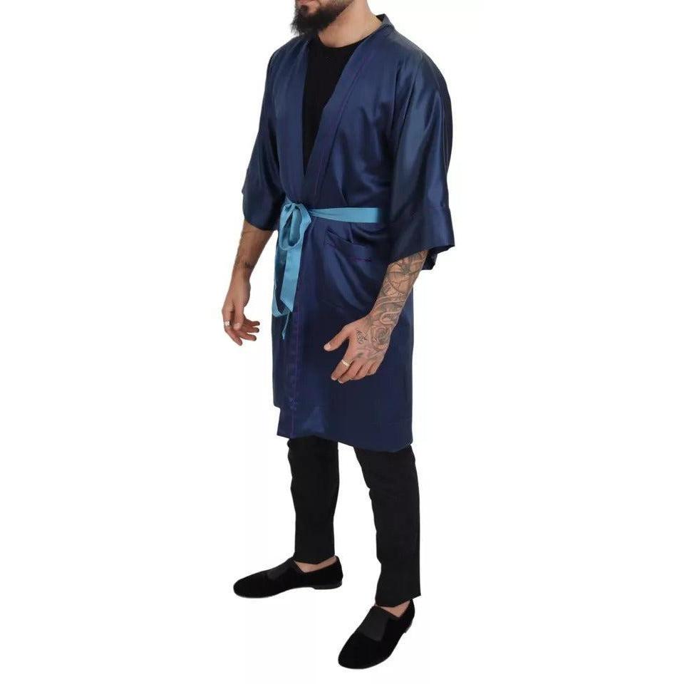 Dolce & Gabbana Blue Satin Silk Waist Belt Robe Jacket