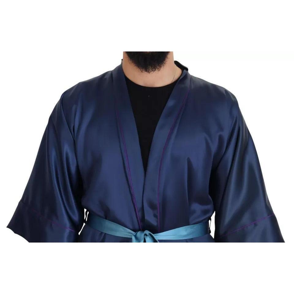 Dolce & Gabbana Blue Satin Silk Waist Belt Robe Jacket