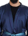 Dolce & Gabbana Blue Satin Silk Waist Belt Robe Jacket
