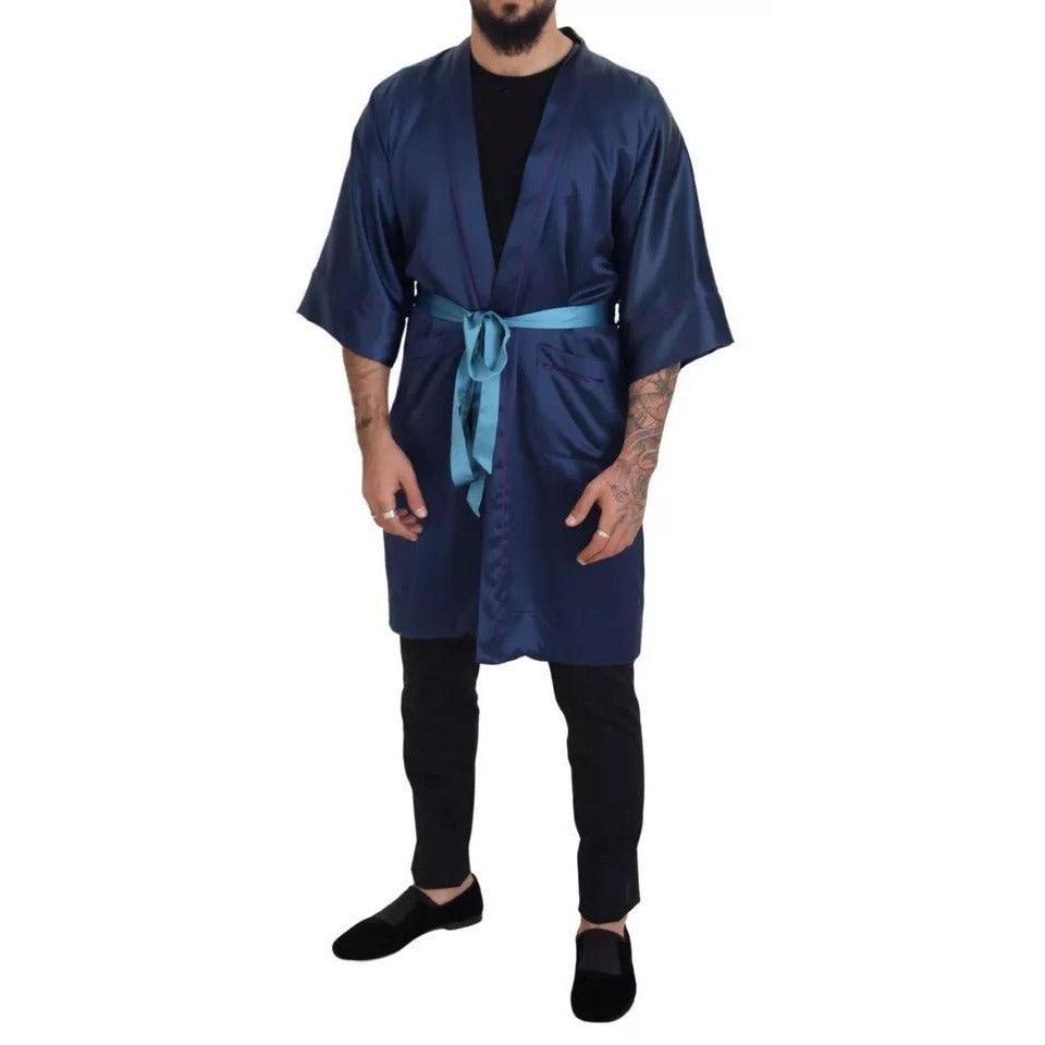 Dolce & Gabbana Blue Satin Silk Waist Belt Robe Jacket