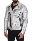 Dolce & Gabbana Silver Leather Biker Coat Lambskin Jacket