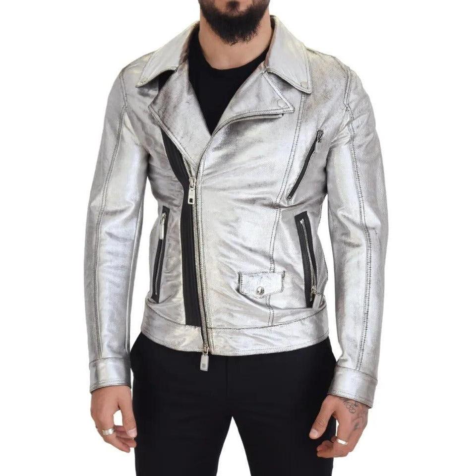 Dolce & Gabbana Silver Leather Biker Coat Lambskin Jacket