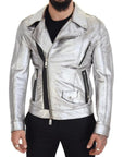 Dolce & Gabbana Silver Leather Biker Coat Lambskin Jacket