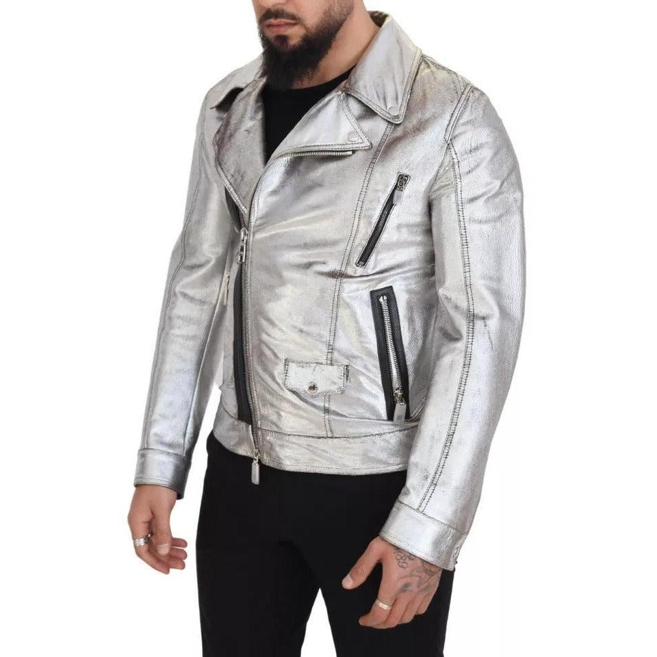 Dolce & Gabbana Silver Leather Biker Coat Lambskin Jacket