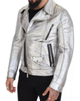 Dolce & Gabbana Silver Leather Biker Coat Lambskin Jacket