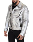 Dolce & Gabbana Silver Leather Biker Coat Lambskin Jacket