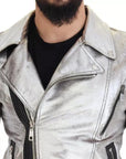 Dolce & Gabbana Silver Leather Biker Coat Lambskin Jacket