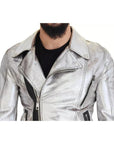 Dolce & Gabbana Silver Leather Biker Coat Lambskin Jacket