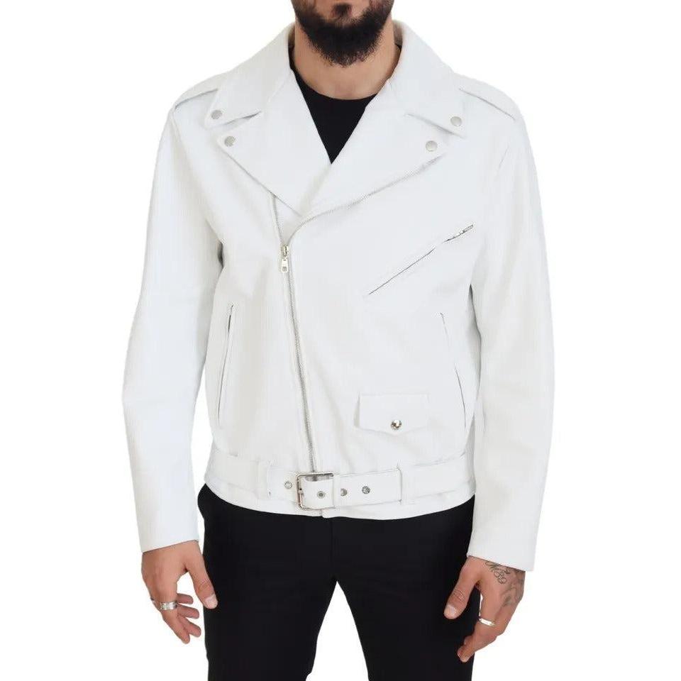 Dolce & Gabbana White Leather Biker Coat Zipper Jacket