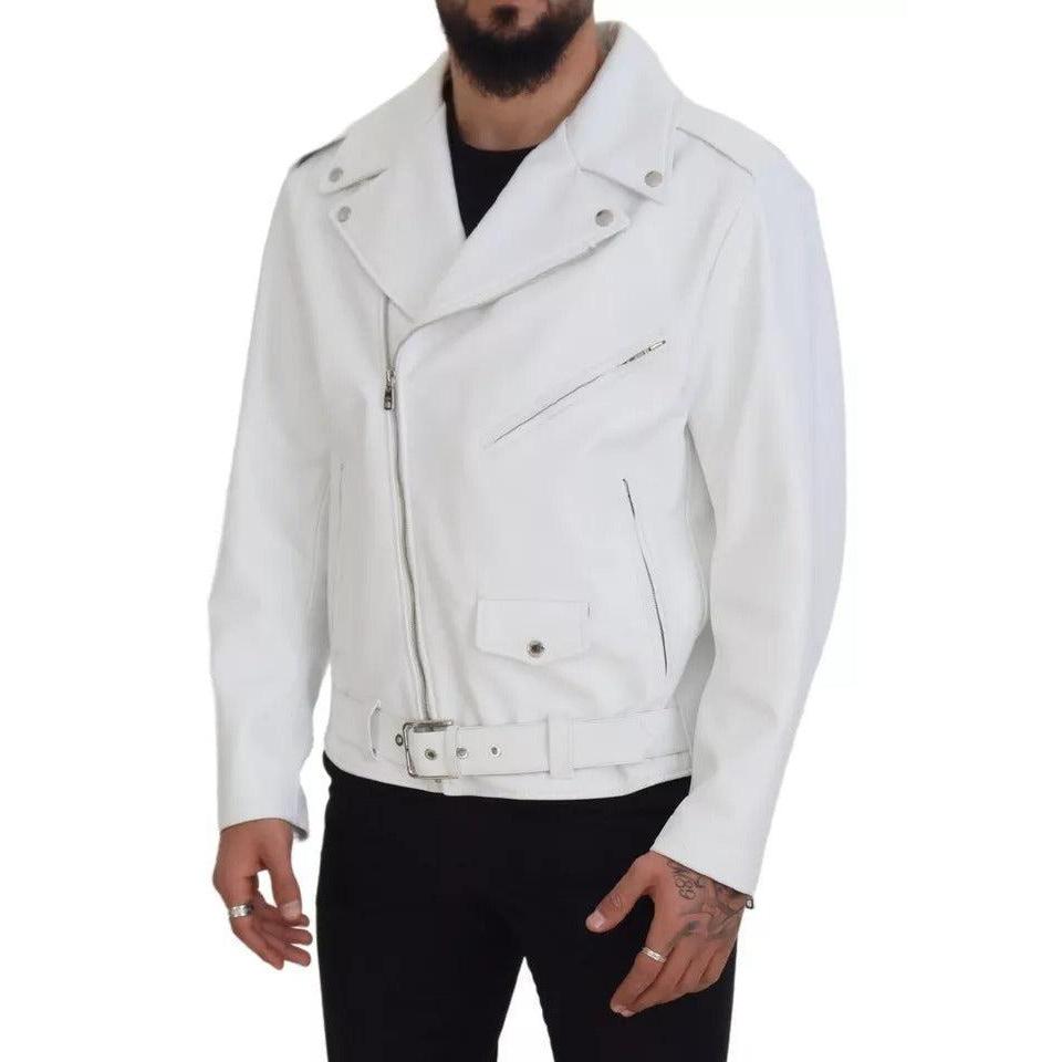 Dolce & Gabbana White Leather Biker Coat Zipper Jacket