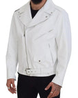 Dolce & Gabbana White Leather Biker Coat Zipper Jacket
