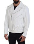 Dolce & Gabbana White Leather Biker Coat Zipper Jacket