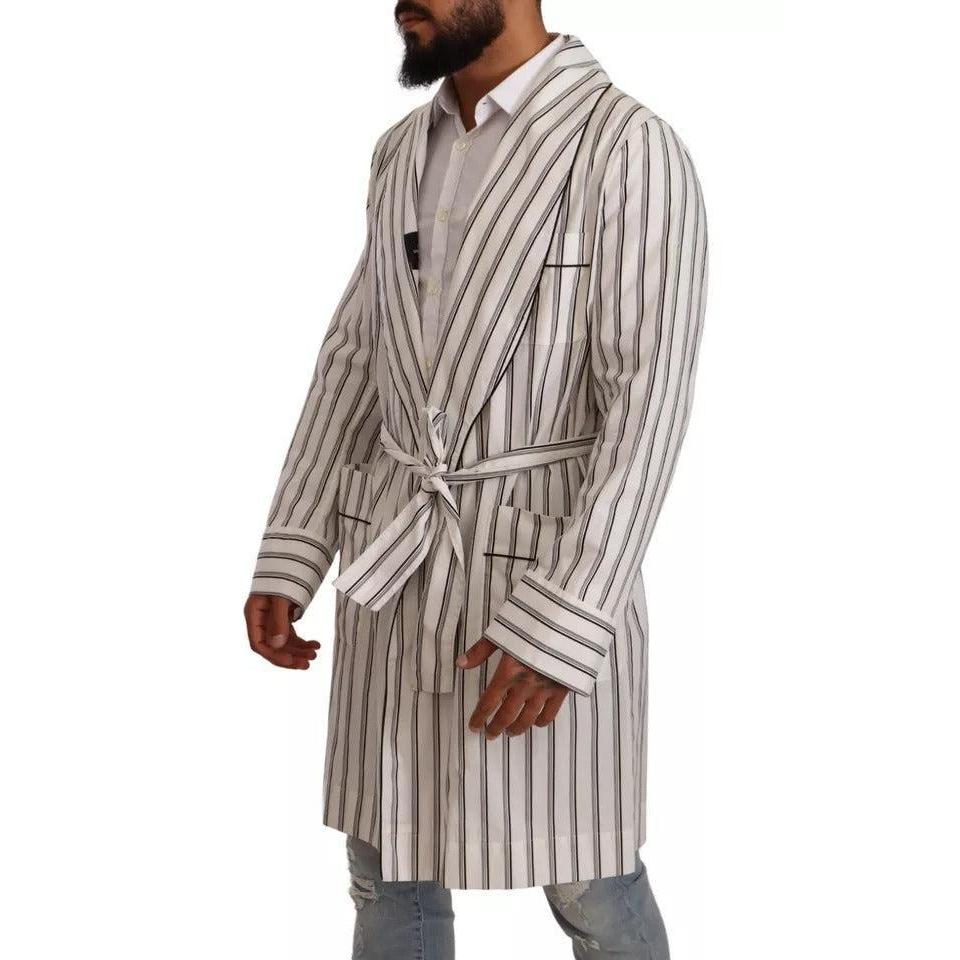 Dolce & Gabbana White Striped Cotton Robe Coat Wrap Jacket