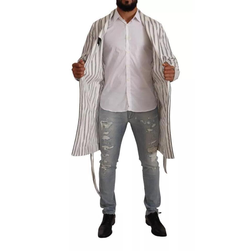 Dolce & Gabbana White Striped Cotton Robe Coat Wrap Jacket