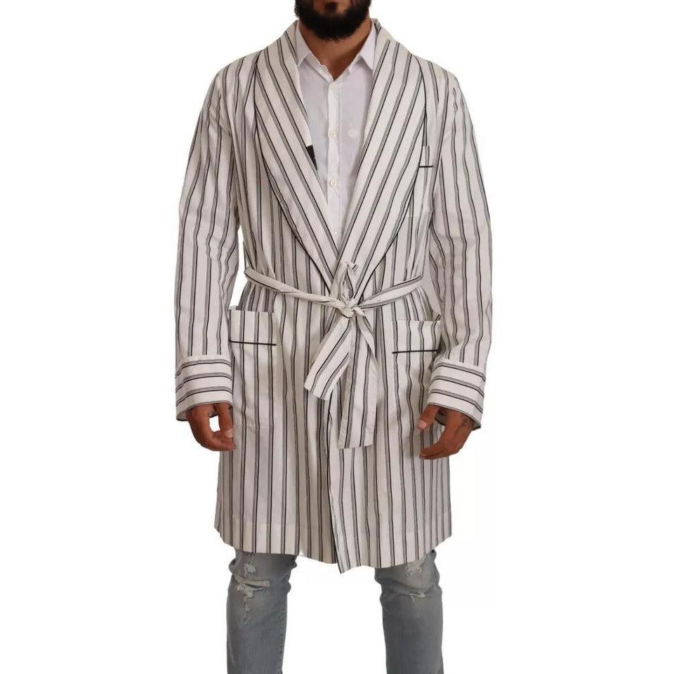Dolce & Gabbana White Striped Cotton Robe Coat Wrap Jacket