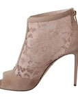Dolce & Gabbana Beige Lace Suede Peep Toe Ankle Boots Shoes
