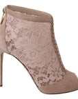 Dolce & Gabbana Beige Lace Suede Peep Toe Ankle Boots Shoes
