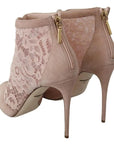 Dolce & Gabbana Beige Lace Suede Peep Toe Ankle Boots Shoes