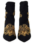 Dolce & Gabbana Black Gold Embroidery Slip On Boots Shoes