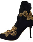 Dolce & Gabbana Black Gold Embroidery Slip On Boots Shoes