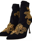 Dolce & Gabbana Black Gold Embroidery Slip On Boots Shoes