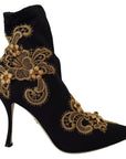 Dolce & Gabbana Black Gold Embroidery Slip On Boots Shoes