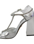 Dolce & Gabbana Silver Crystals T-strap Sandals Leather Shoes