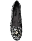 Dolce & Gabbana Gray Black Lace Crystal Ballet Loafers Shoes