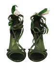Dolce & Gabbana Acid Green Leather Strappy Flower Heels Sandals Shoes