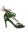 Dolce & Gabbana Acid Green Leather Strappy Flower Heels Sandals Shoes