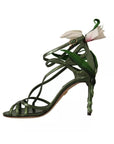 Dolce & Gabbana Acid Green Leather Strappy Flower Heels Sandals Shoes