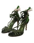 Dolce & Gabbana Acid Green Leather Strappy Flower Heels Sandals Shoes
