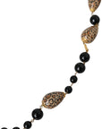 Dolce & Gabbana Gold Tone Brass Black Printed Beaded Long Chain Necklace