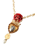 Dolce & Gabbana Gold BrassChain Sacred Heart Rose Crystal Charm Necklace