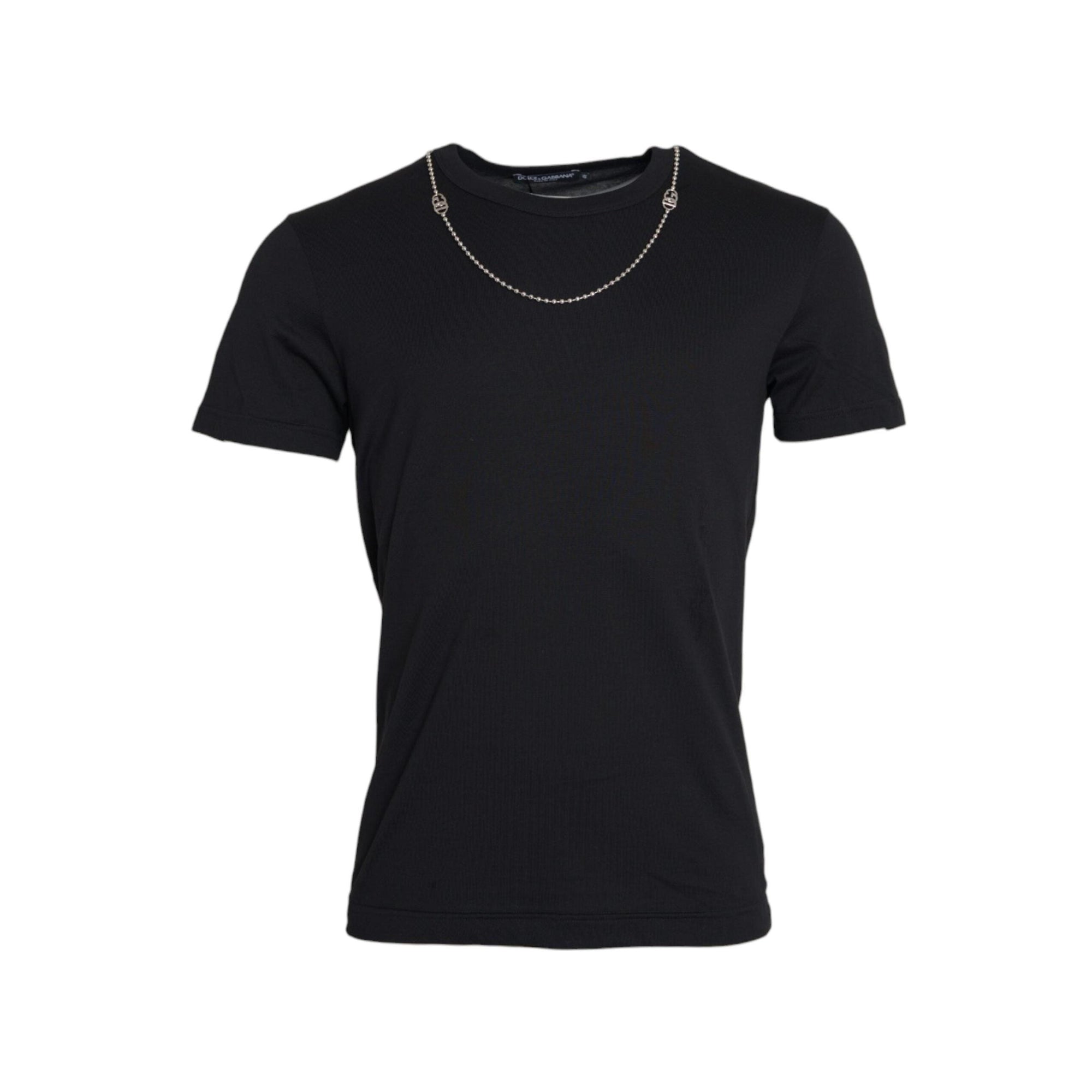 Dolce & Gabbana Black Cotton Silver Chain Short Sleeve T-shirt