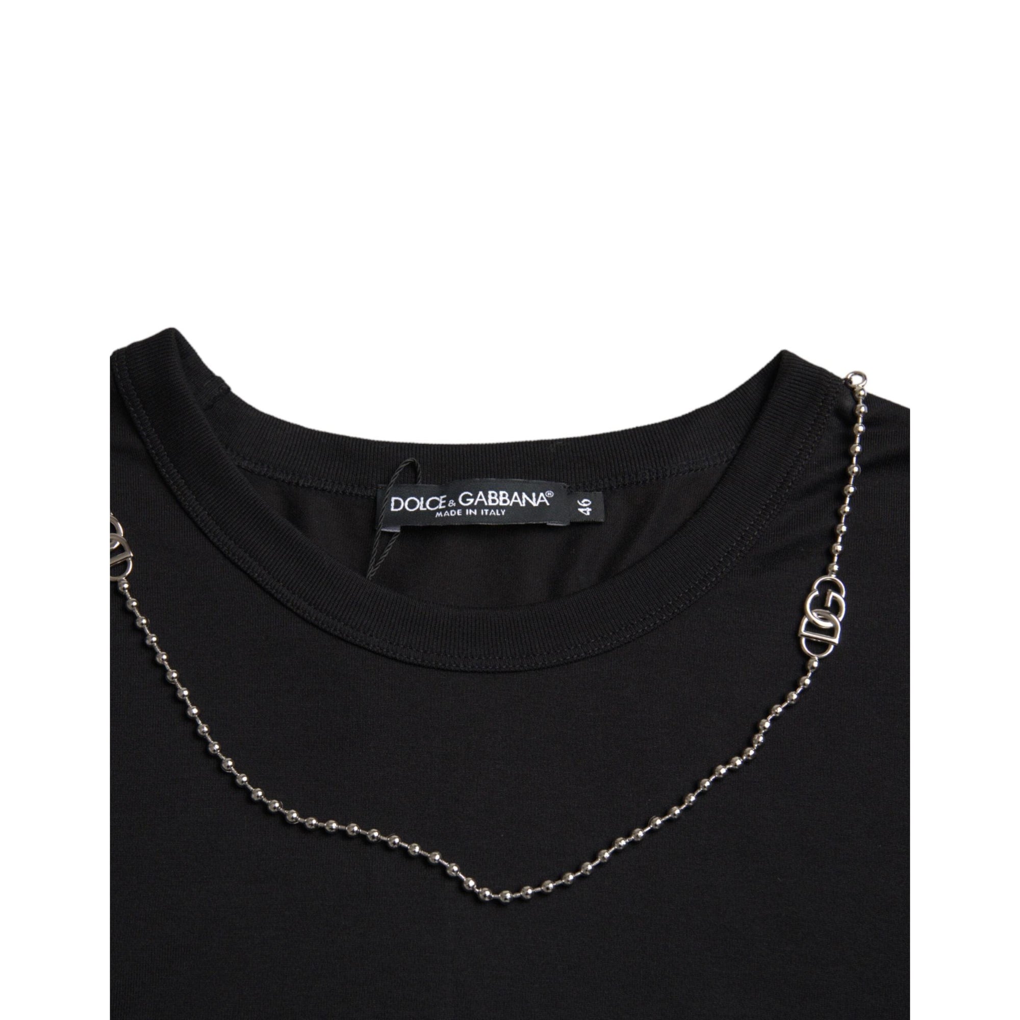 Dolce & Gabbana Black Cotton Silver Chain Short Sleeve T-shirt