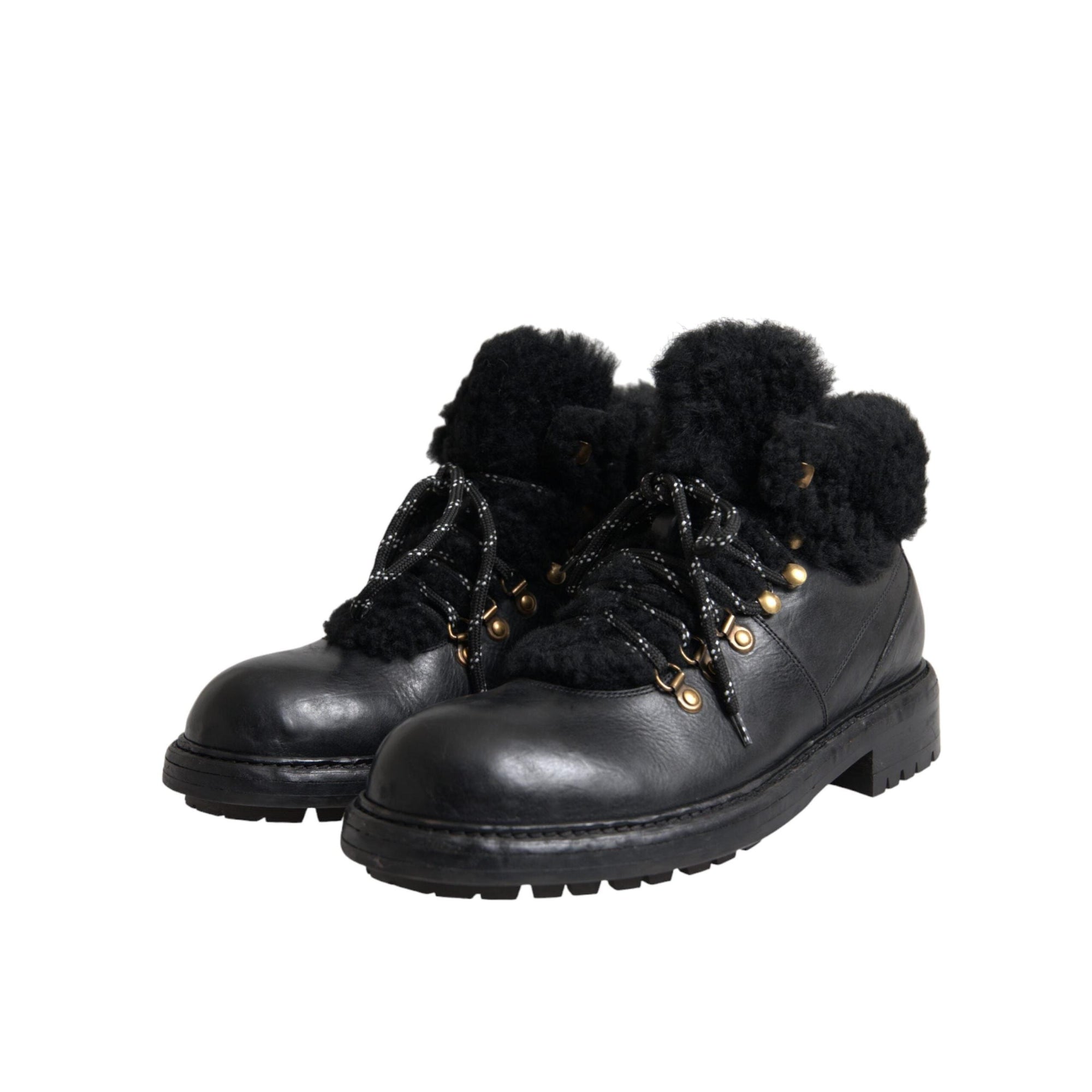 Dolce & Gabbana Black Leather Bernini Shearling Boots Shoes