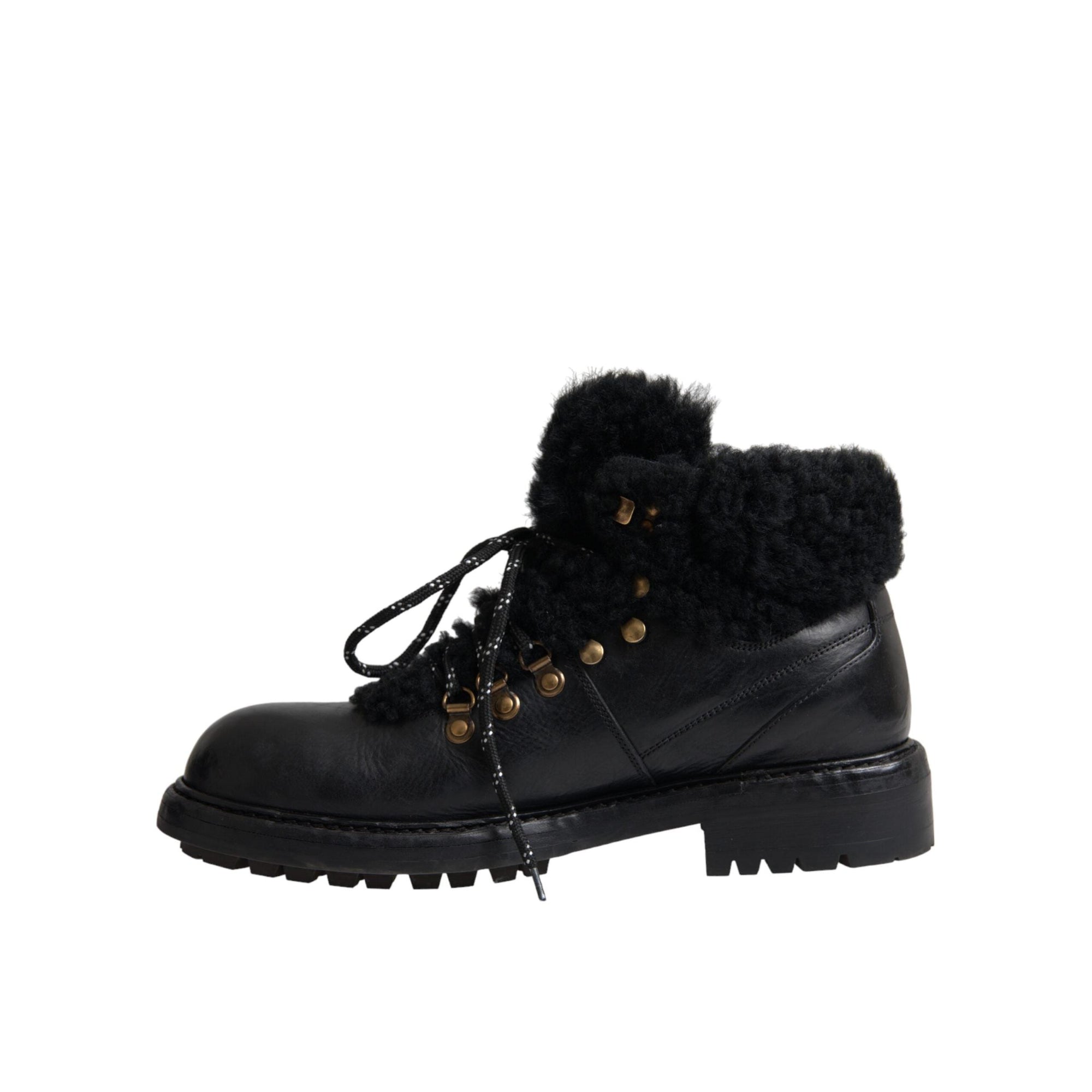 Dolce & Gabbana Black Leather Bernini Shearling Boots Shoes