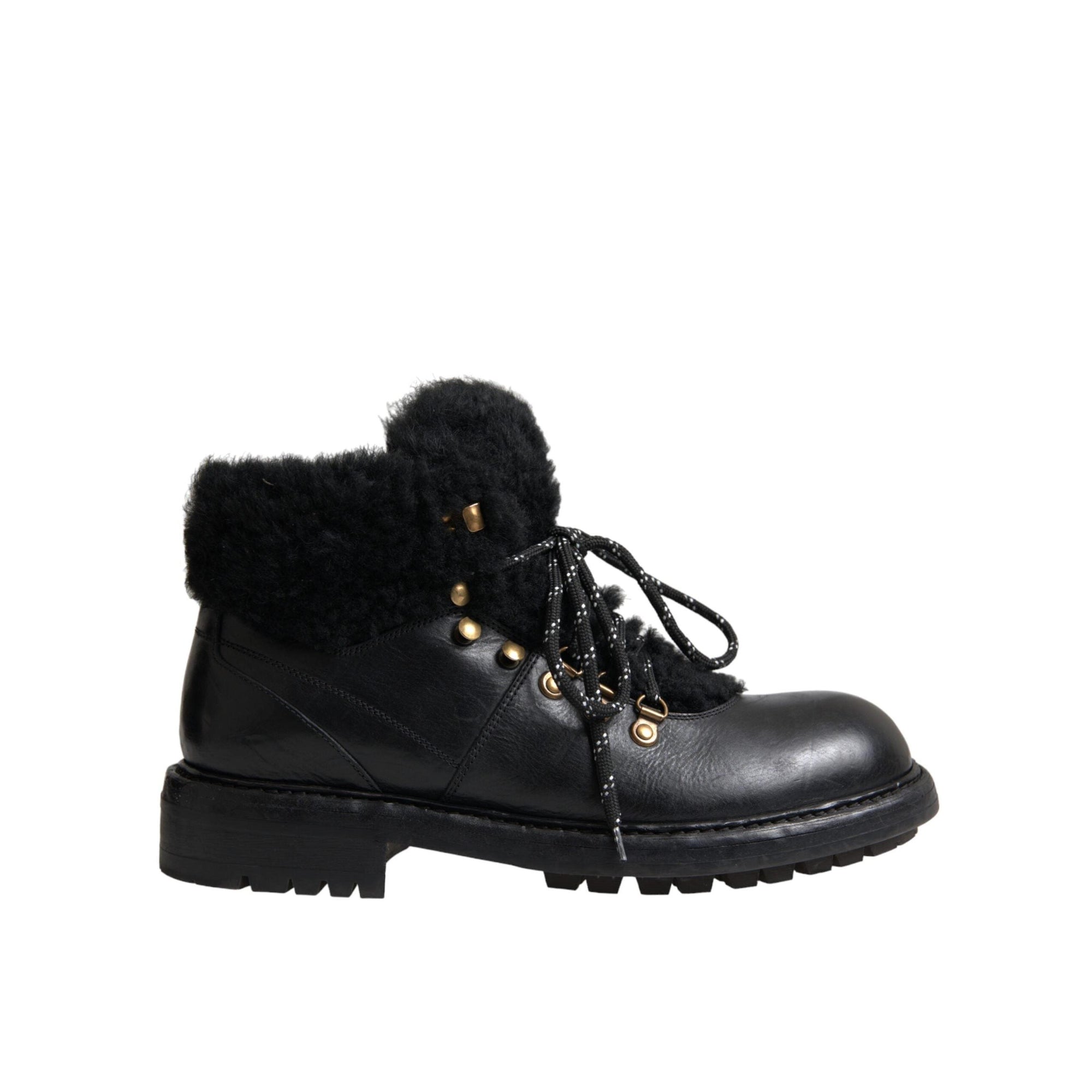 Dolce & Gabbana Black Leather Bernini Shearling Boots Shoes