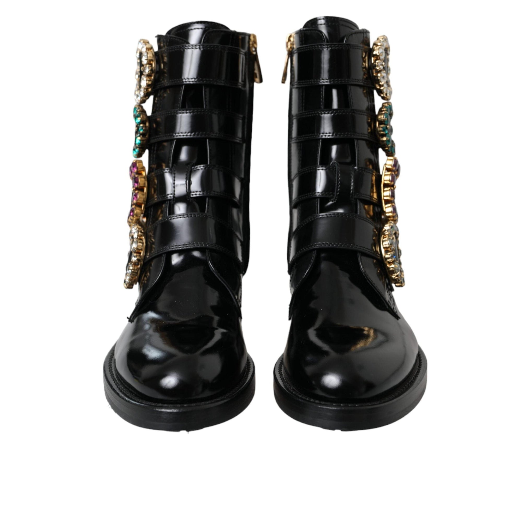 Dolce & Gabbana Black Leather Crystal Buckles Boots Shoes