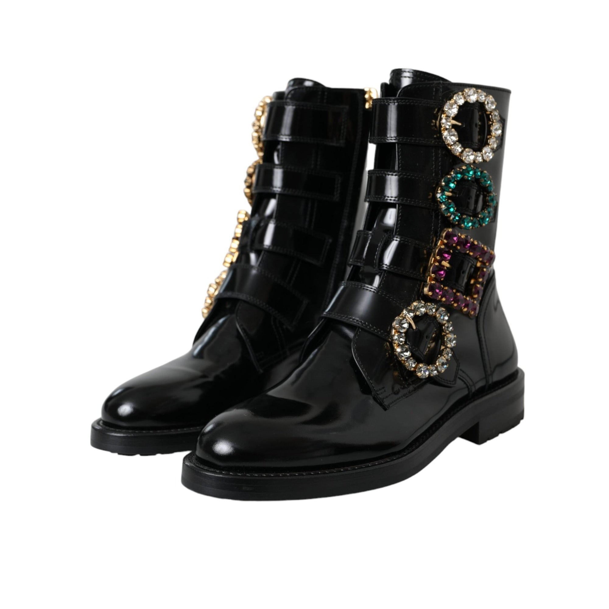 Dolce & Gabbana Black Leather Crystal Buckles Boots Shoes
