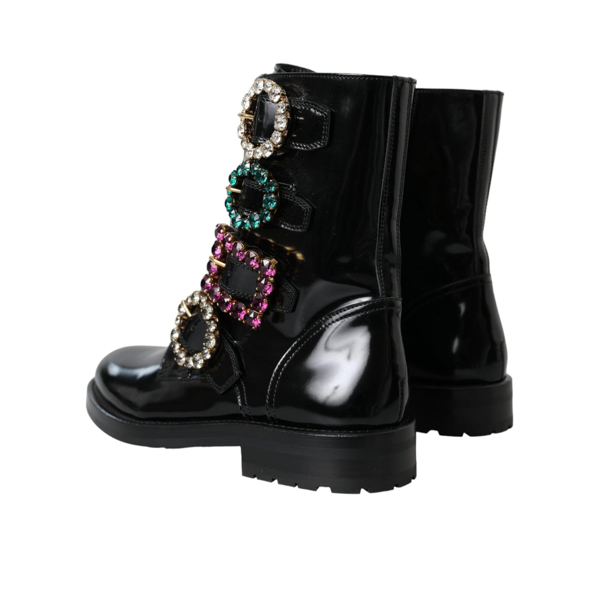 Dolce & Gabbana Black Leather Crystal Buckles Boots Shoes
