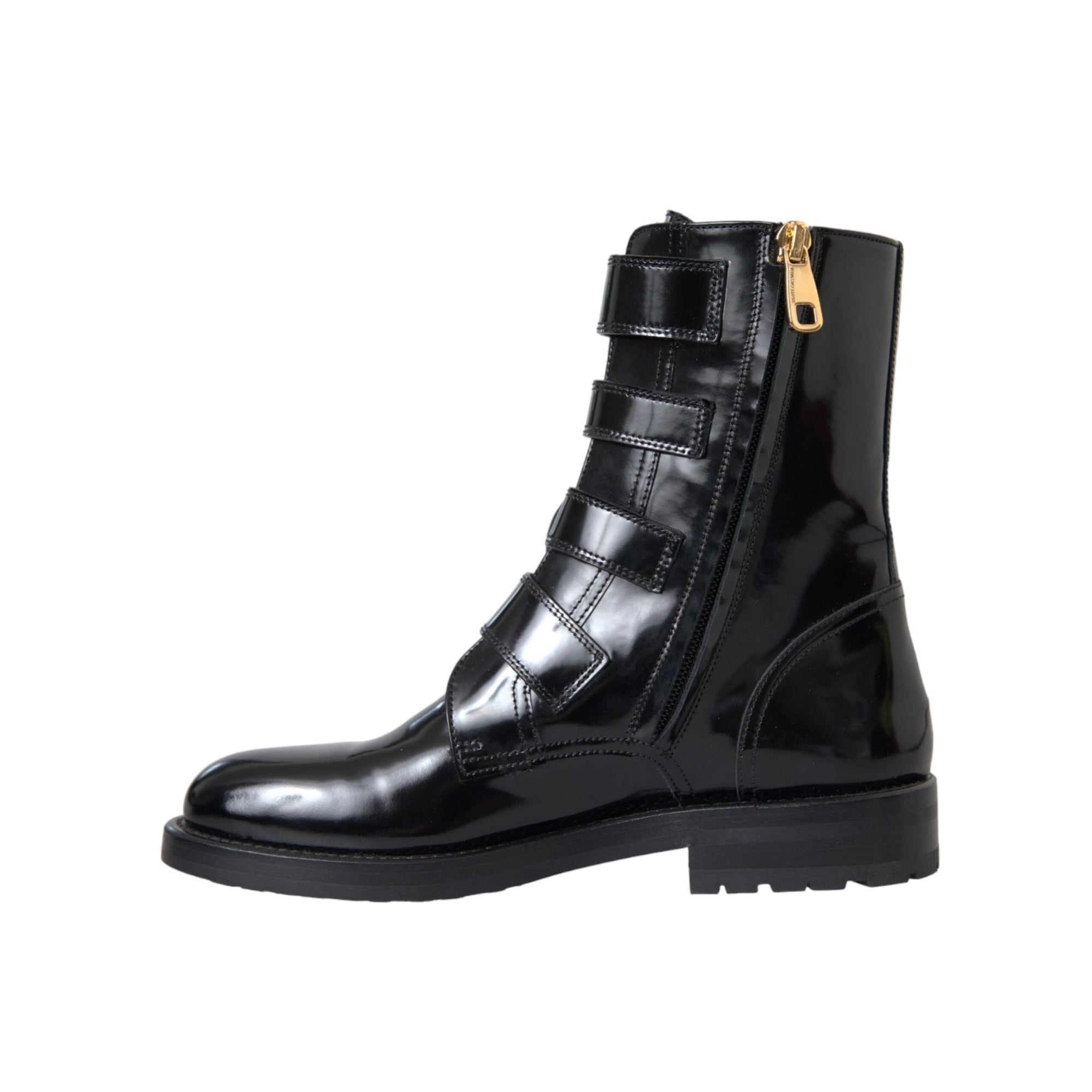 Dolce & Gabbana Black Leather Crystal Buckles Boots Shoes