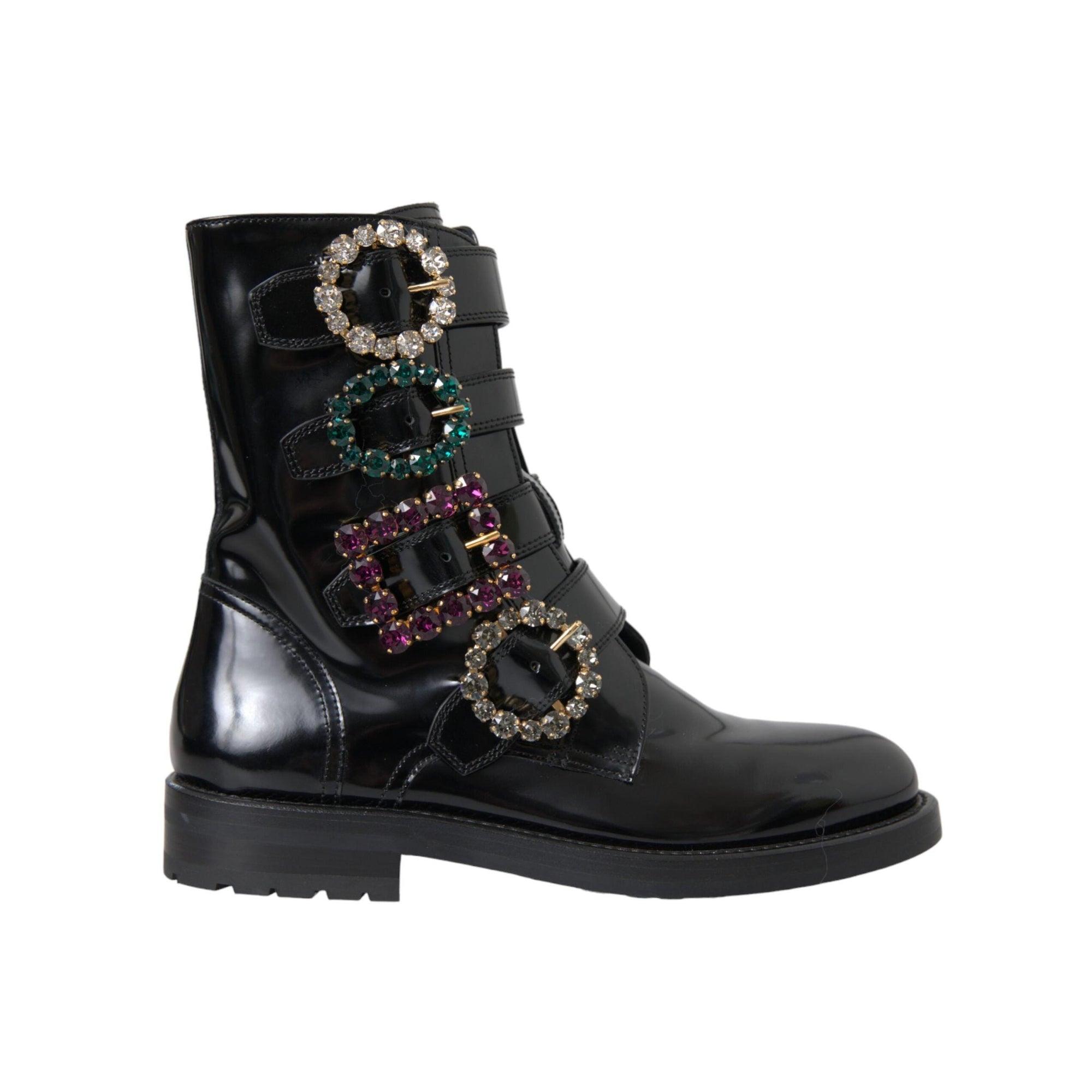 Dolce & Gabbana Black Leather Crystal Buckles Boots Shoes