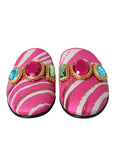 Dolce & Gabbana Pink Jacquard Crystal Mule Flat Sandals Shoes