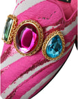 Dolce & Gabbana Pink Jacquard Crystal Mule Flat Sandals Shoes