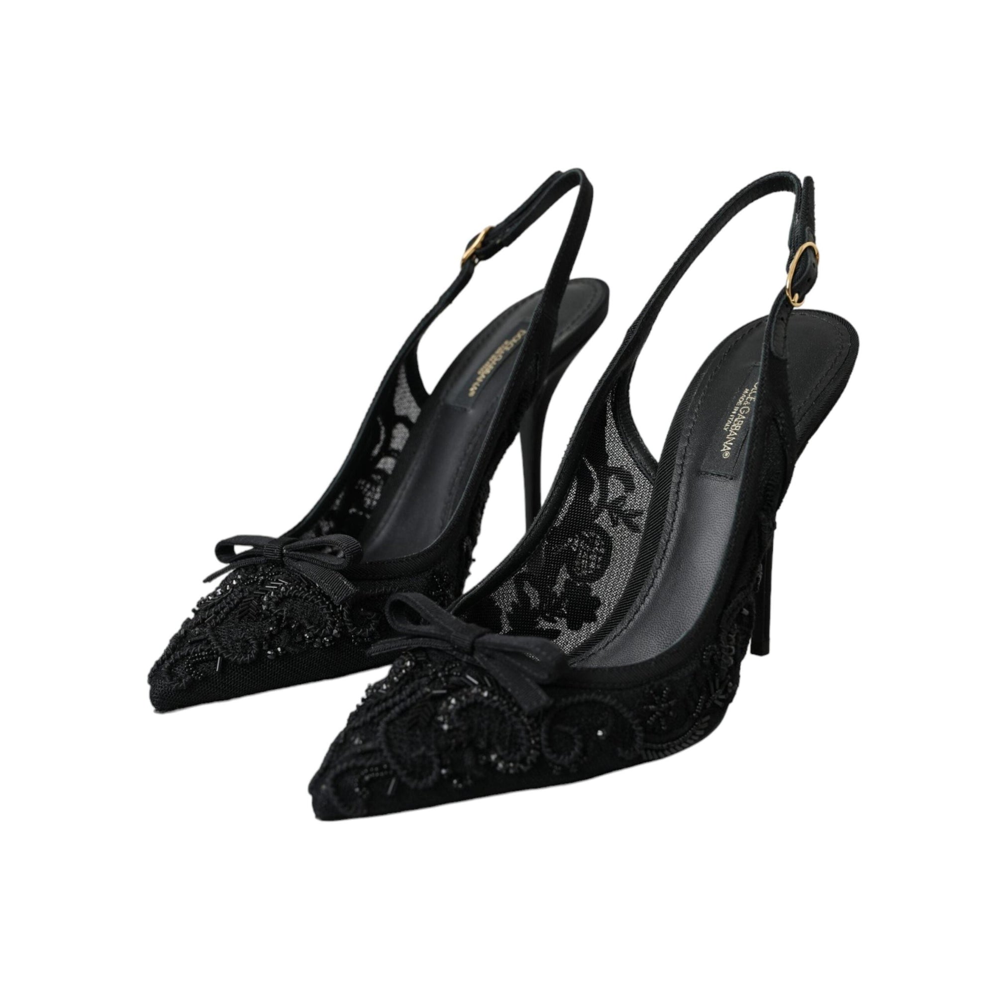 Dolce & Gabbana Black Tulle Ricamo Heels Slingbacks Shoes